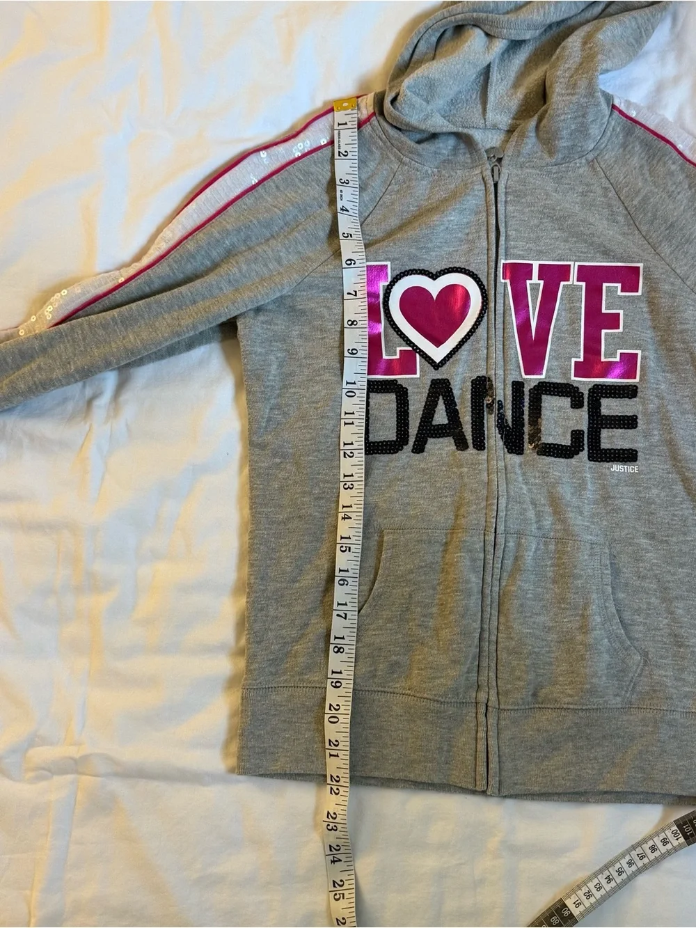 2013 Justice zip up hoodie with pink and black 'LOVE DANCE' graphic size 12